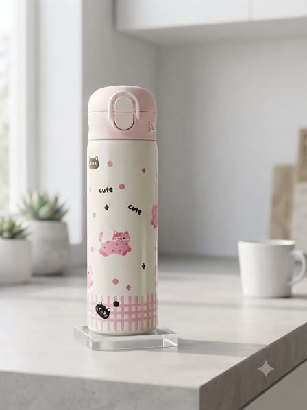 Cat Print Flip-Top Sipper Bottle with Straw