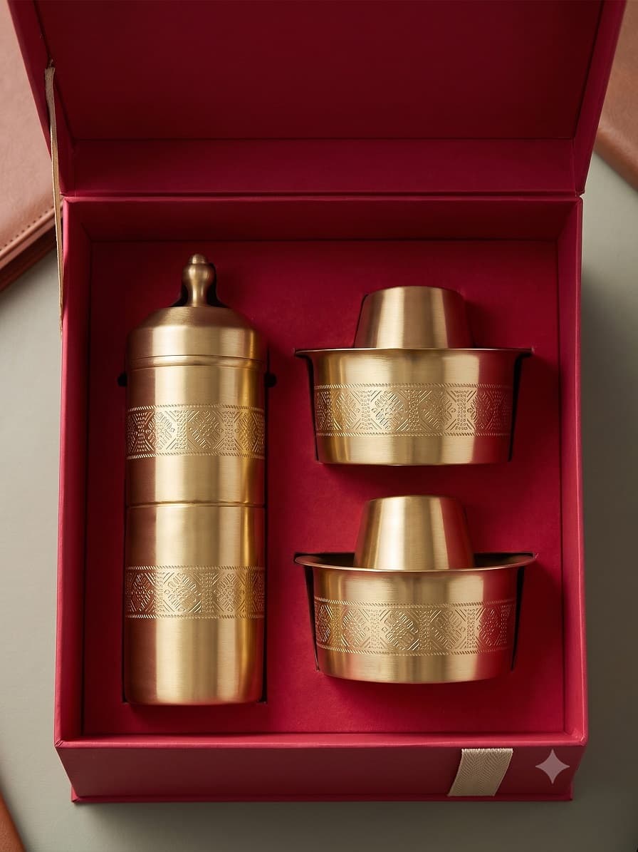 AKSORA Engraved Block Kanjeevaram Brass Coffee Dabara Gift Set