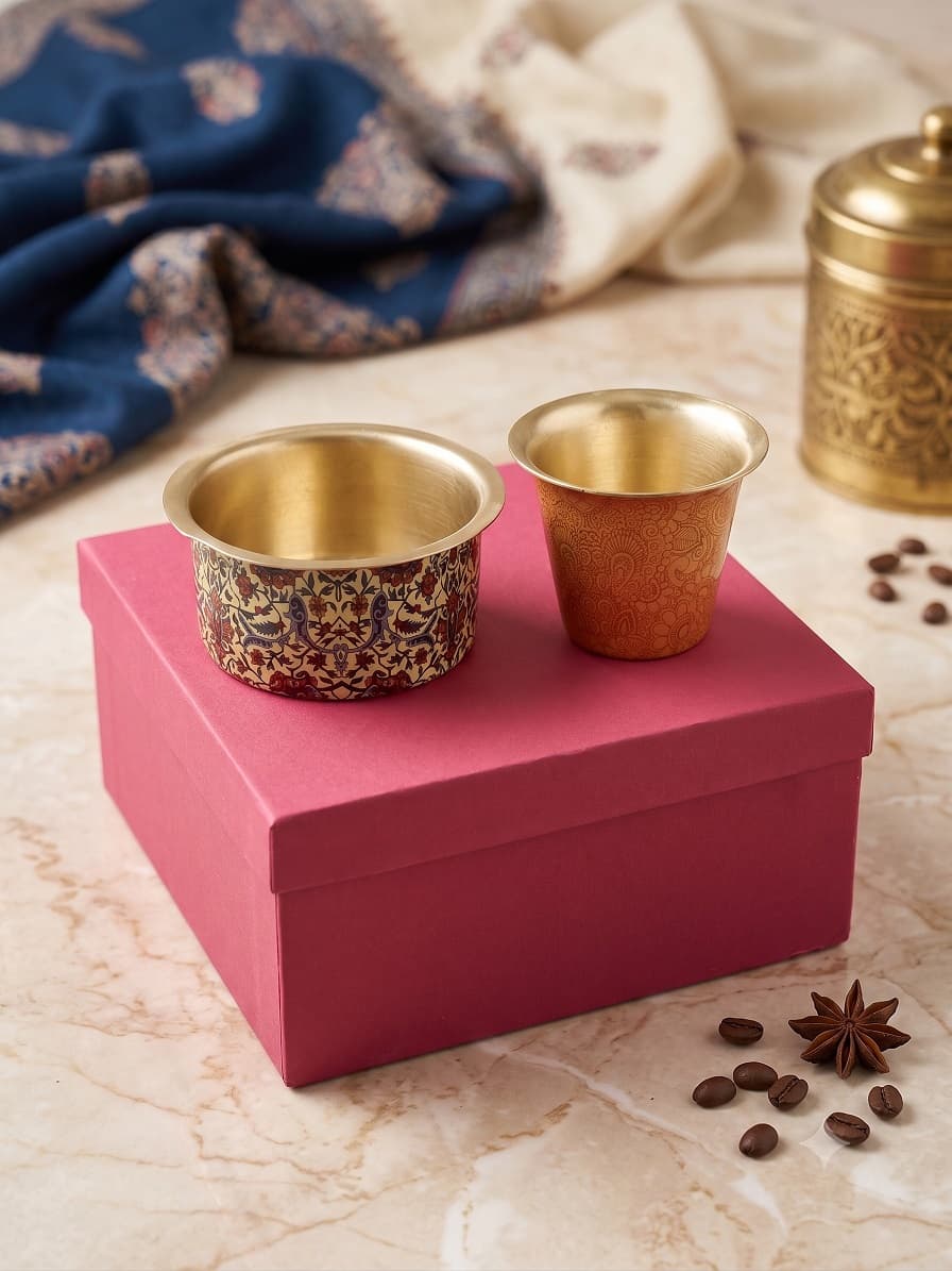 AKSORA Dual Tone Designer Brass Coffee Dabara Gift Set detailing and craftsmanship