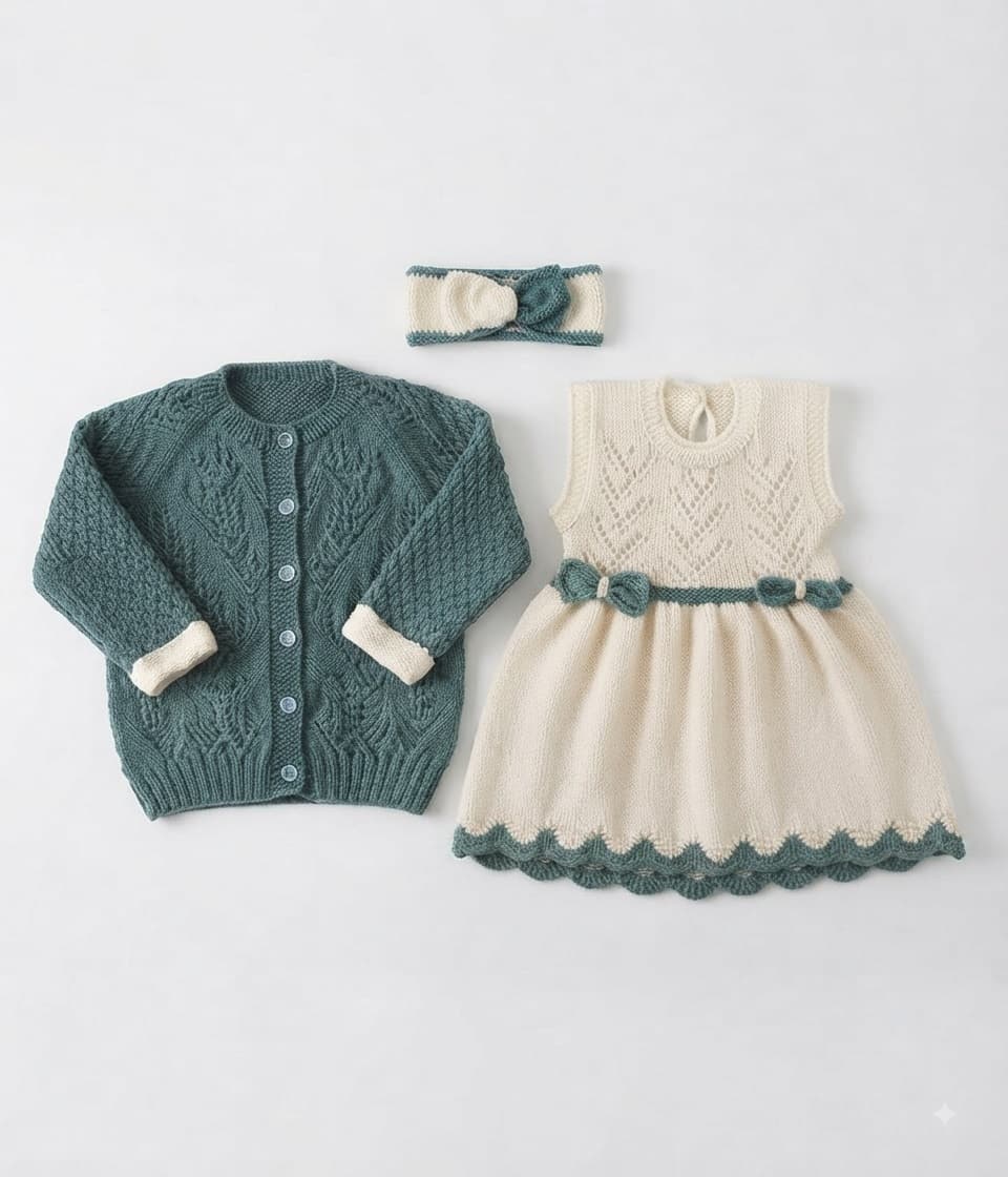 Hand-Knitted Baby Cardigan & Dress Set with Matching Headband