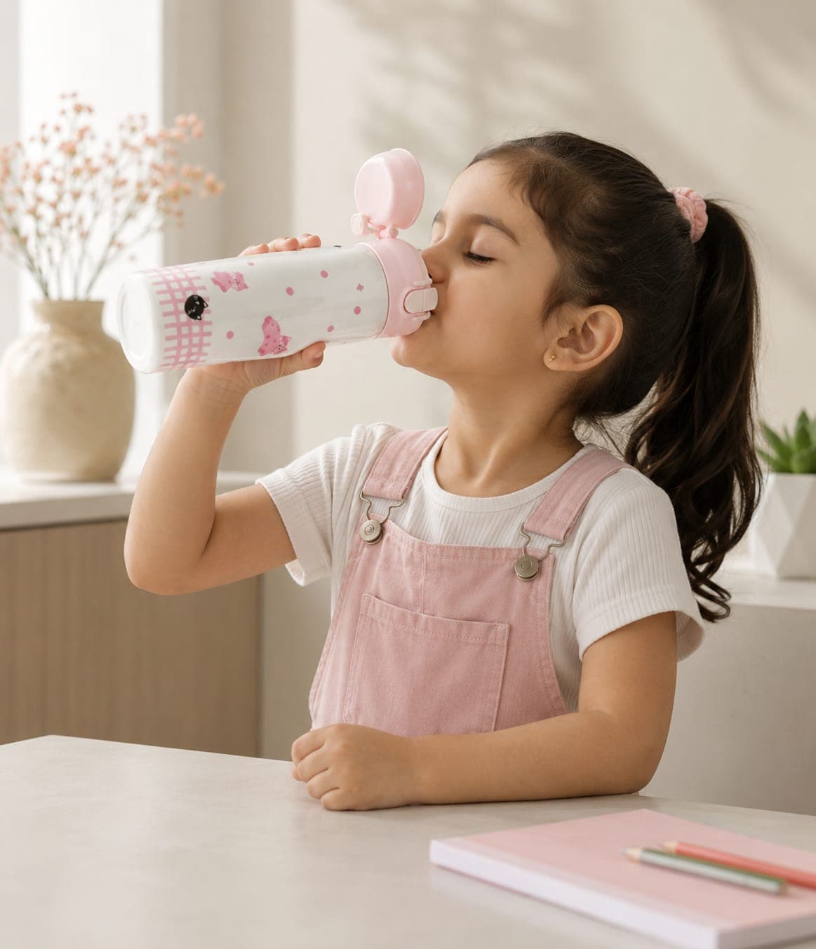 Cat Print Flip-Top Sipper Bottle with Straw