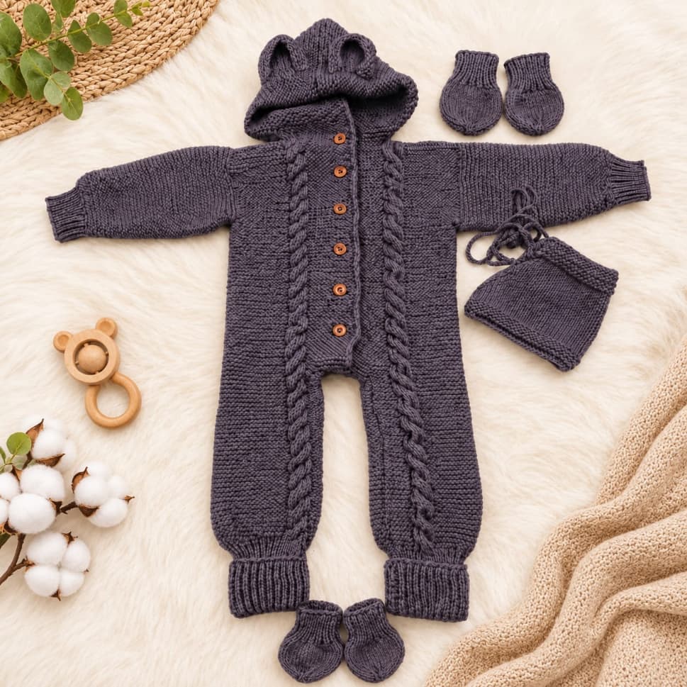 Hand-Knitted Baby Hooded Romper Set with Mittens & Booties