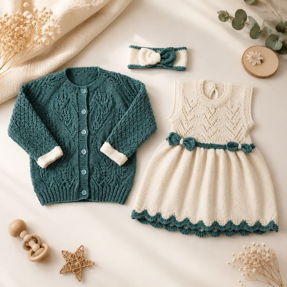 Hand-Knitted Baby Cardigan & Dress Set with Matching Headband