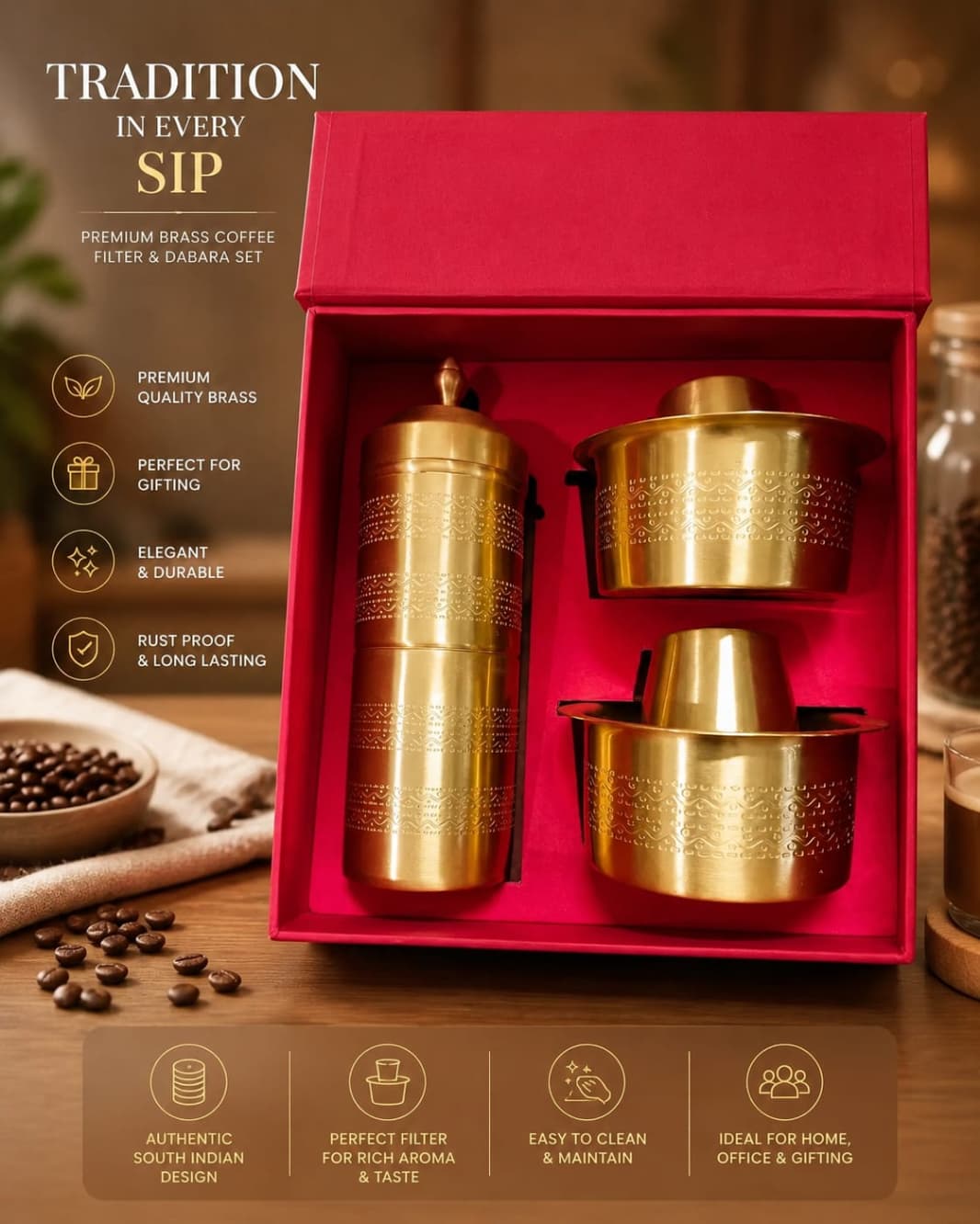 AKSORA Engraved Wave Brass Coffee Dabara Gift Set
