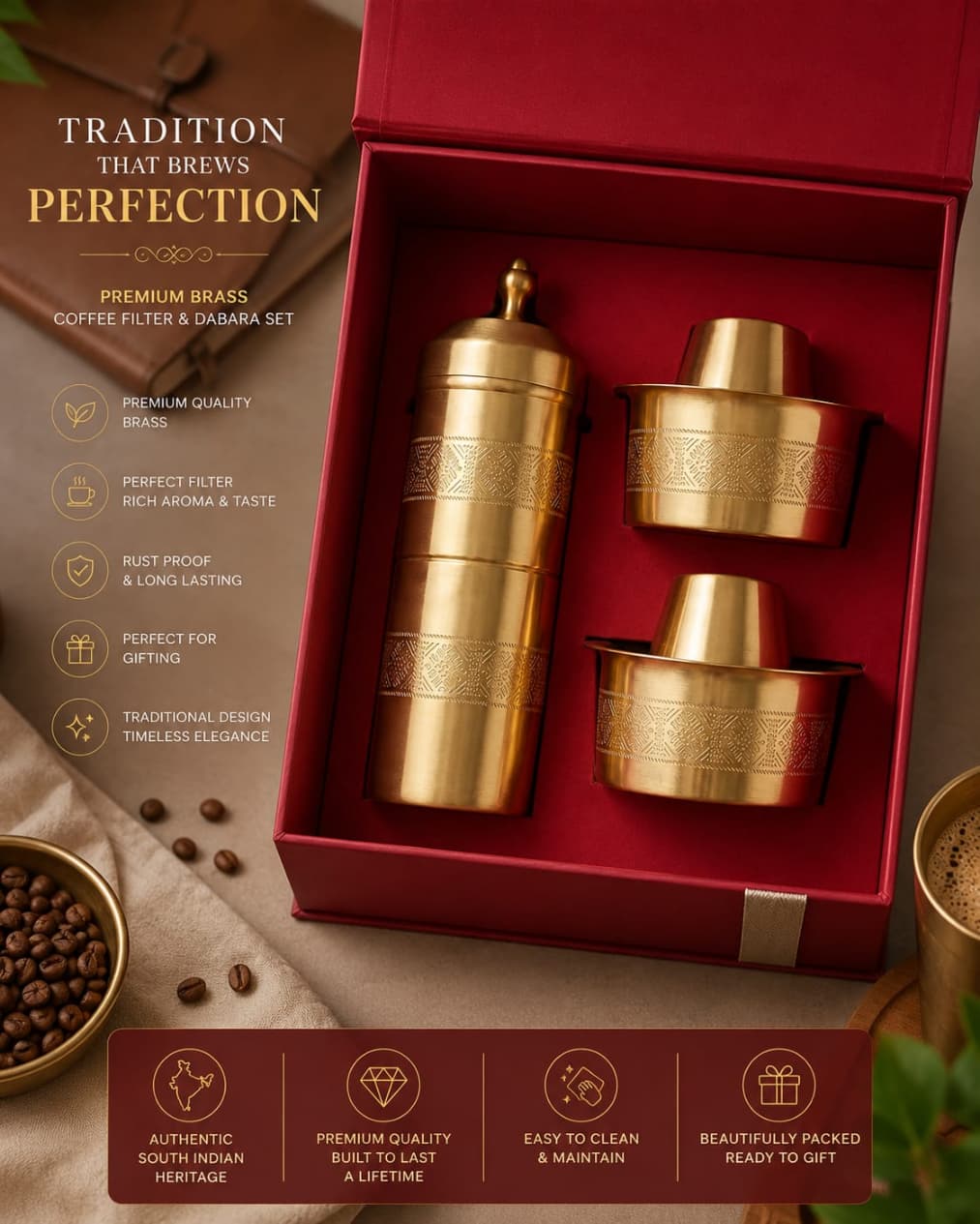 AKSORA Engraved Block Kanjeevaram Brass Coffee Dabara Gift Set