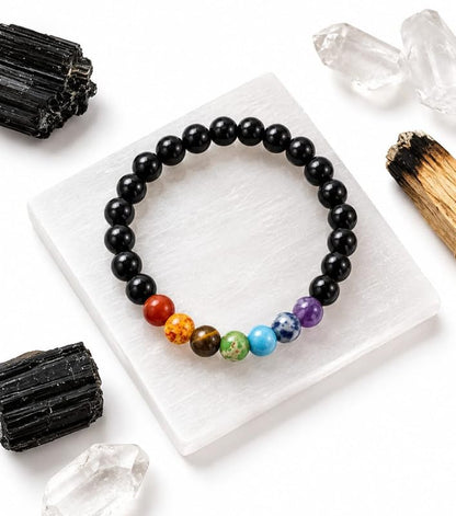 7 Chakra Black Tourmaline Bracelet, Round Design