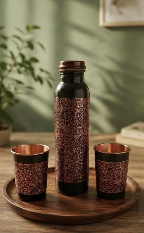 2 Copper Glasses with 1 Copper Bottle Set